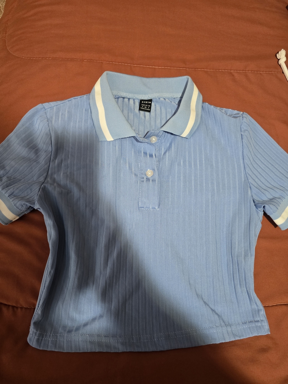 Light Blue Ribbed Polo Crop Top with White Trim - Kids